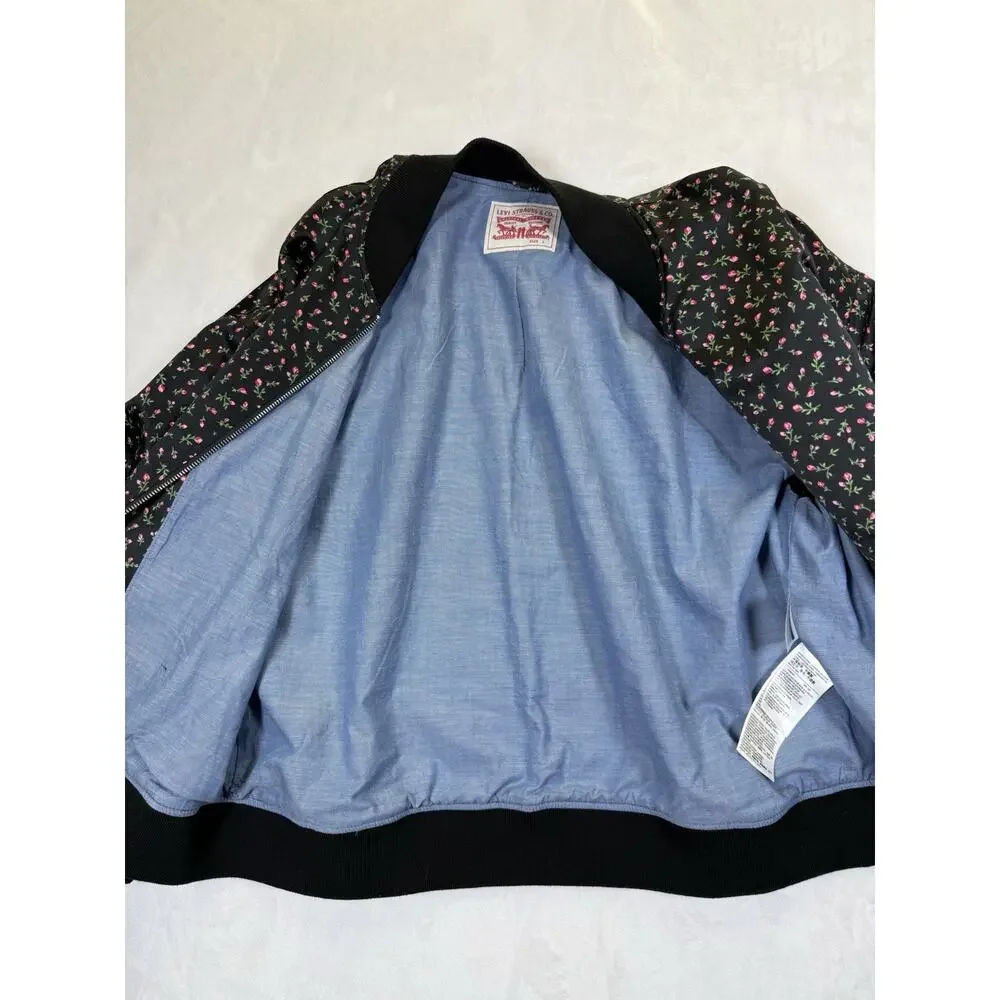 Levi’s Women’s Bomber Jacket Sz L Satin Rosebud Black Pink Chambray Lining - Picture 5 of 11